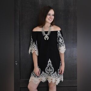 Lucky & Blessed Black Dress with White Embroidery